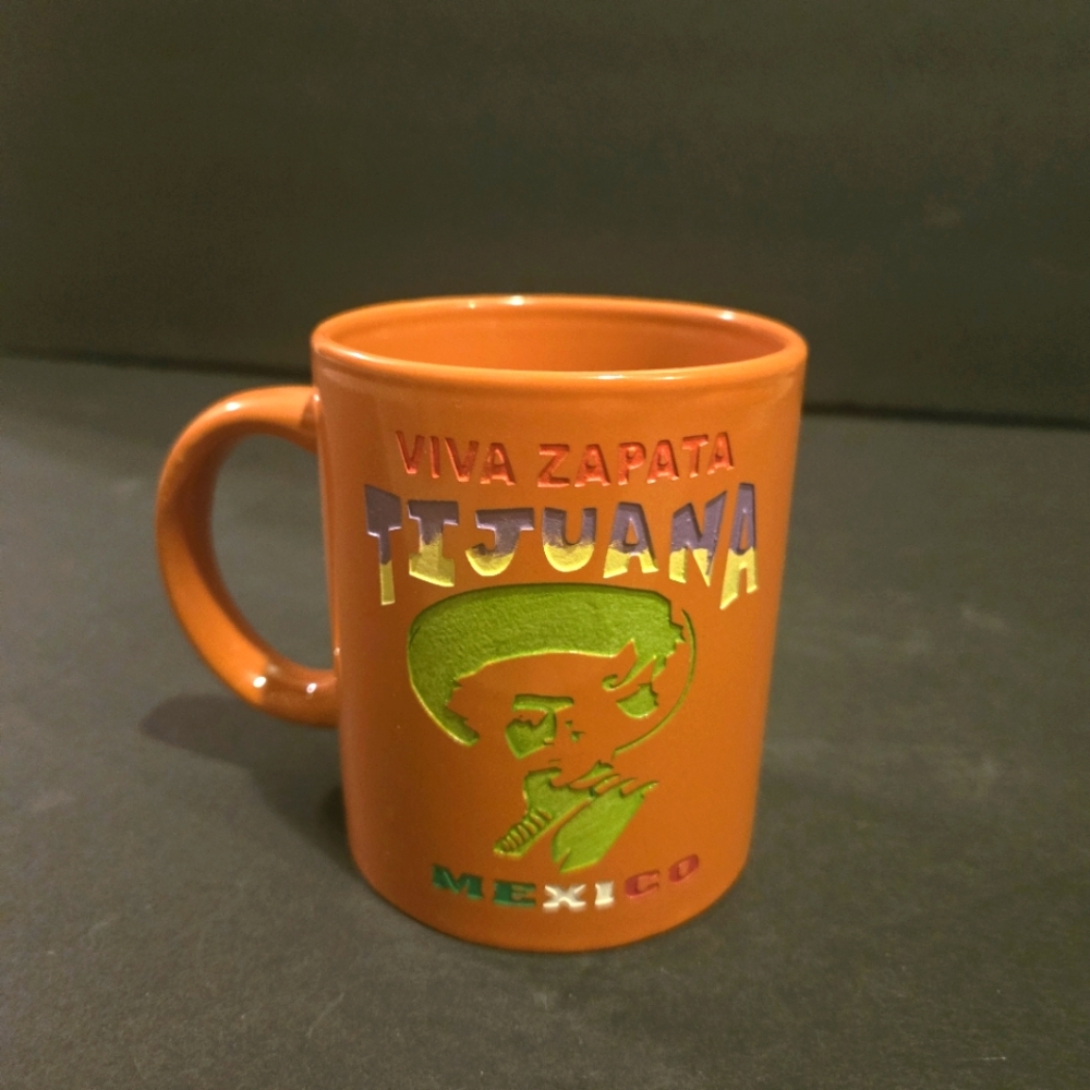 RARE VIVA ZAPATA MEXICO REVOLUTIONARY TIJUANA ENGRAVED COLORED COFFEE MUG CUP